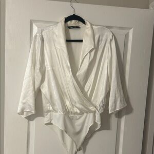 Zara Ivory/off white  Satin Wrap-Front Bodysuit